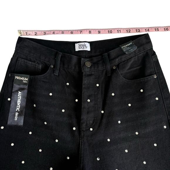 Simple Society Black Rhinestone Straight Leg Super High Rise Button Fly Jeans - Picture 3 of 11